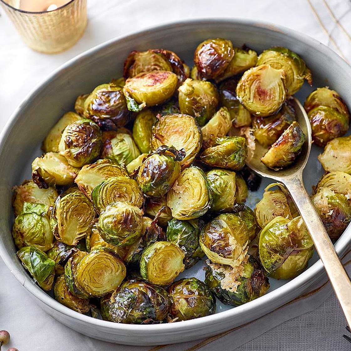 Roasted Brussels sprouts with garlic butter and Parmesan