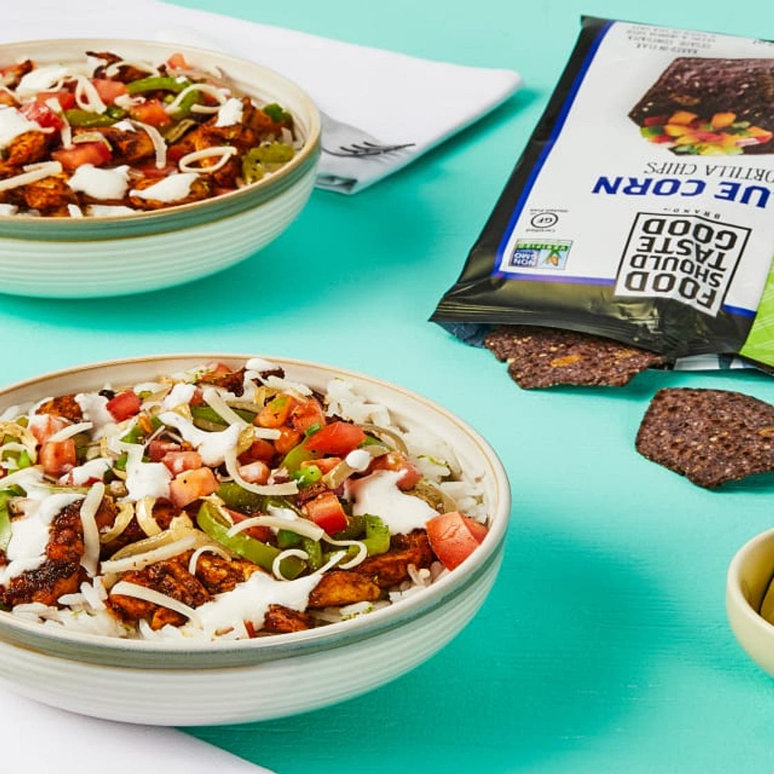 Chicken Fajita Bowls with Blue Corn Tortilla Chips, Pico de Gallo & Chili Lime Crema