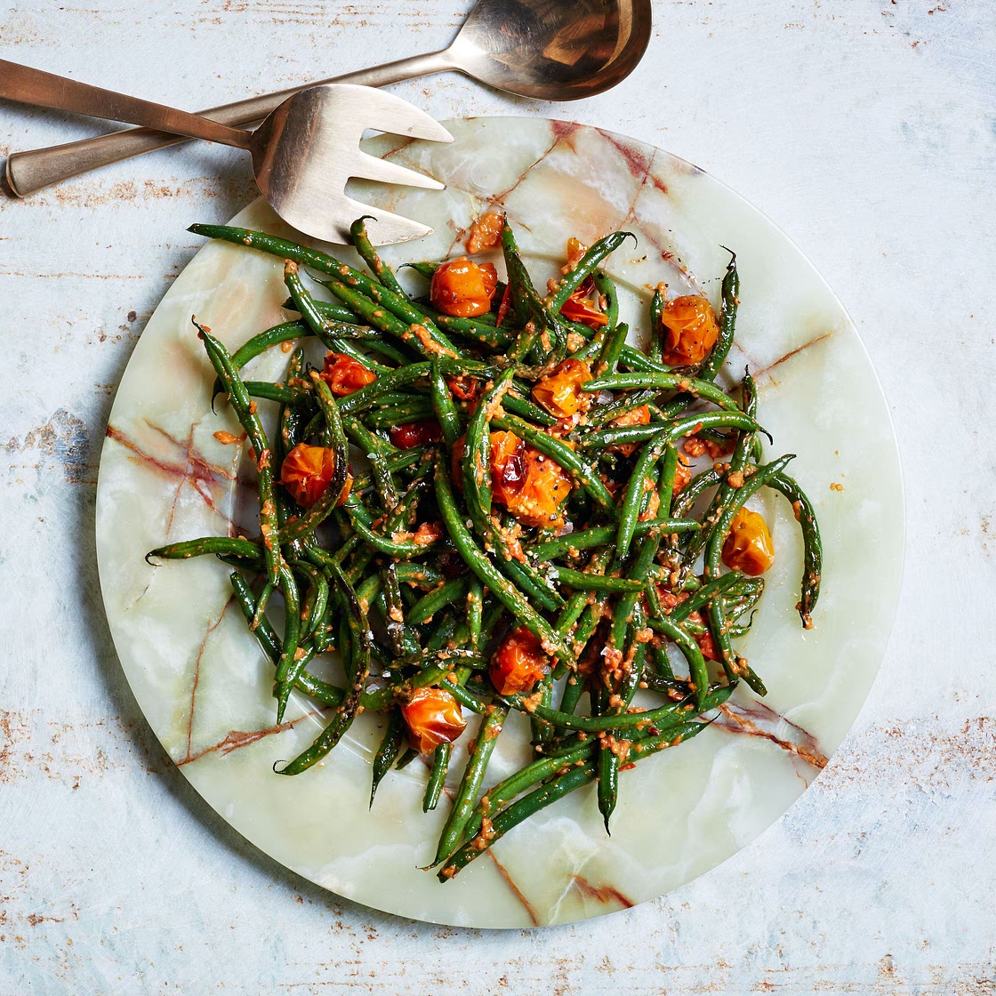 Blistered Green Beans With Tomato-Almond Pesto