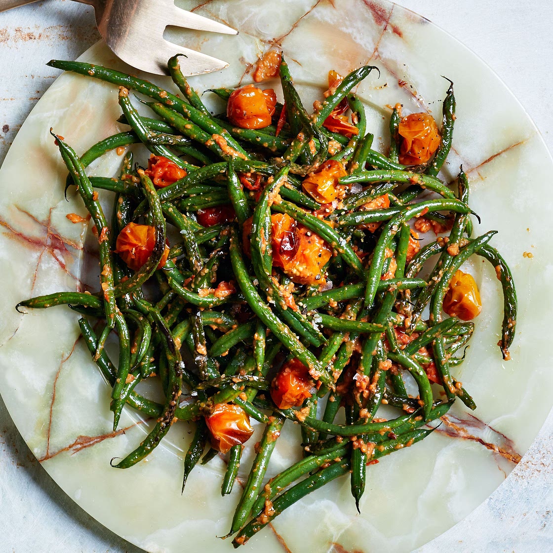 Blistered Green Beans With Tomato-Almond Pesto