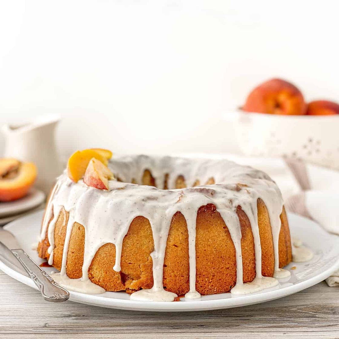 Peach Cobbler Pound Cake with Bourbon Glaze