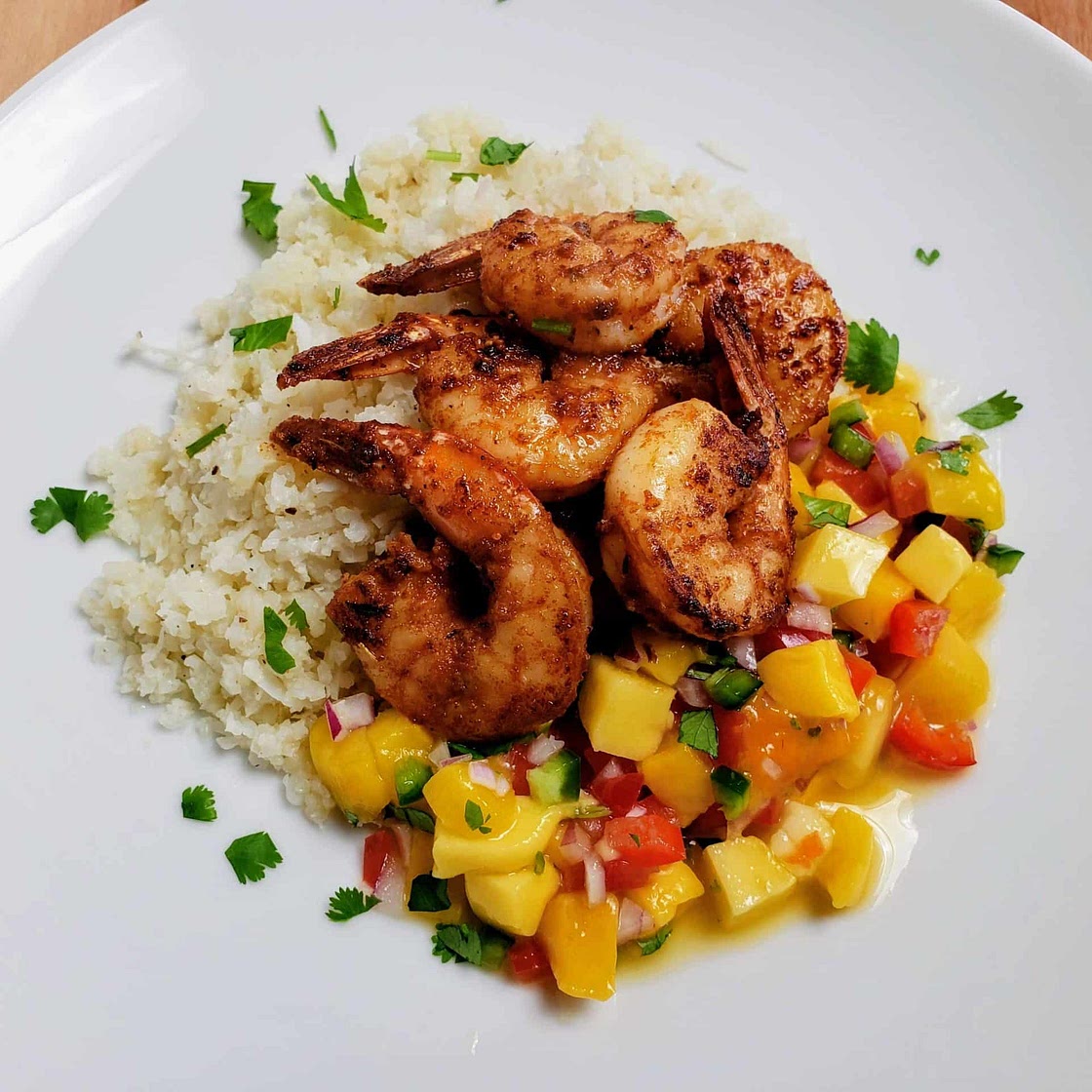 Shrimp with Coconut Cauliflower Rice and Mango Salsa