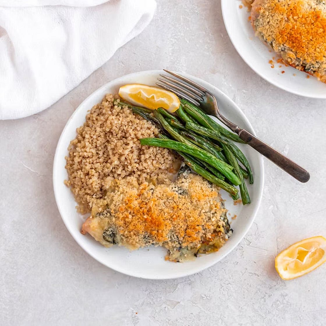 Spinach-Artichoke Chicken with quinoa / green beans