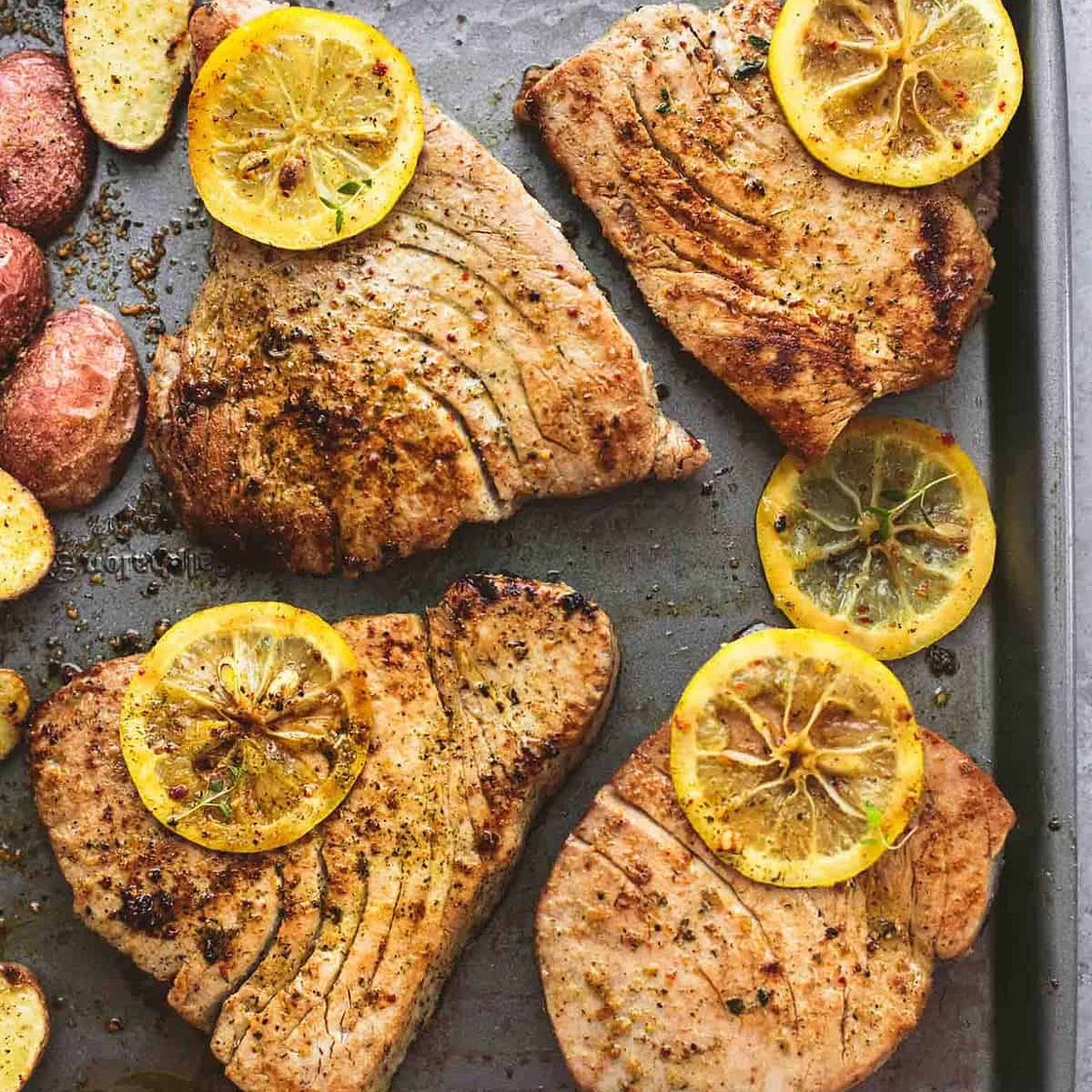 Sheet Pan Lemon Herb Tuna Steaks and Potatoes