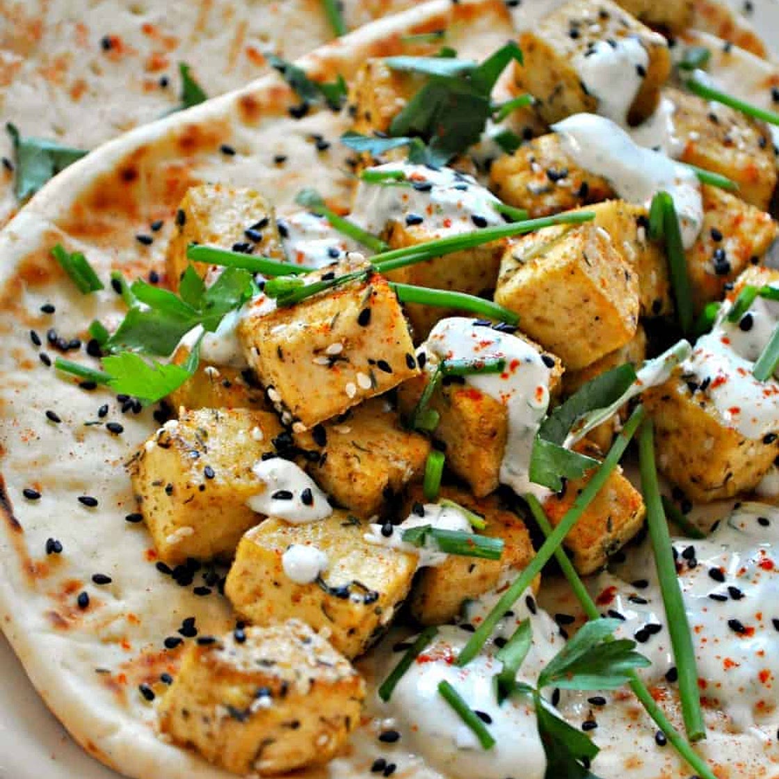 Vegan Za'atar Tofu with Herb Yogurt Sauce