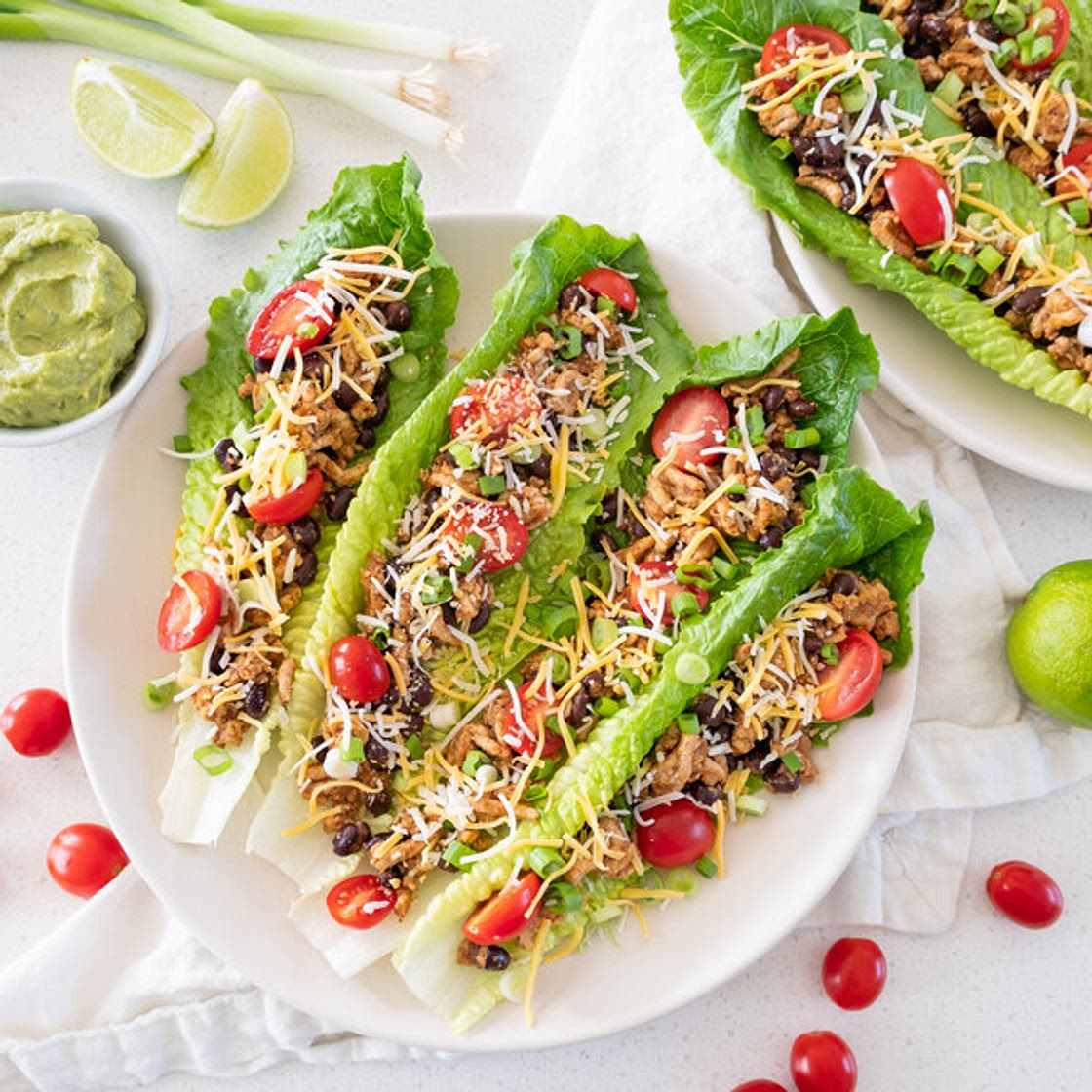 Chicken Taco Salad Boats with Black Beans, Tomato, Cheese & Guacamole