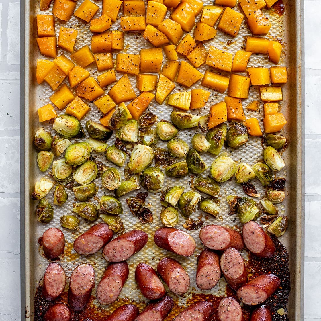 Maple Sheet Pan Smoked Sausage with Butternut and Brussels