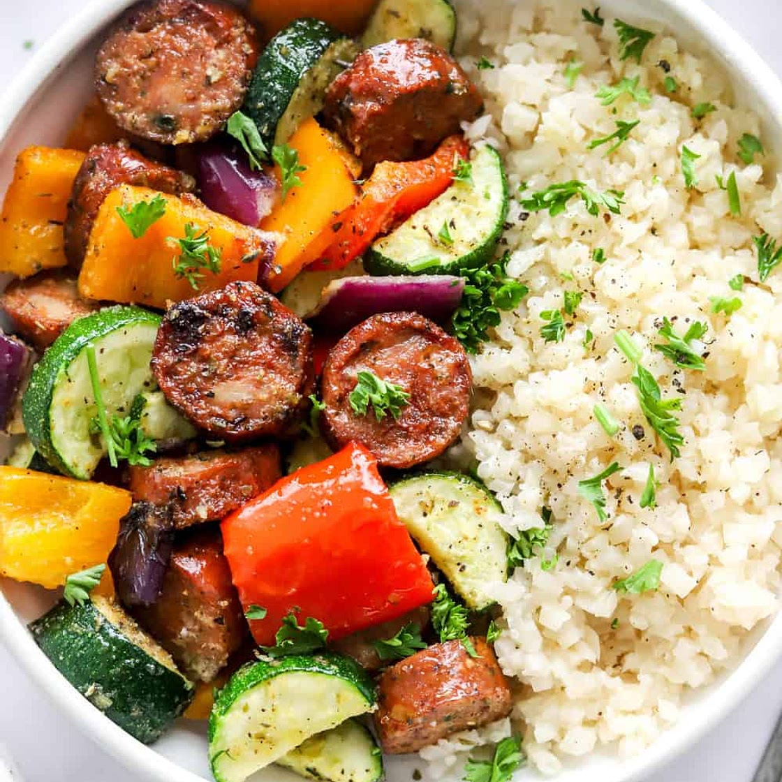 10 Minute Air Fryer Chicken Sausage and Veggies