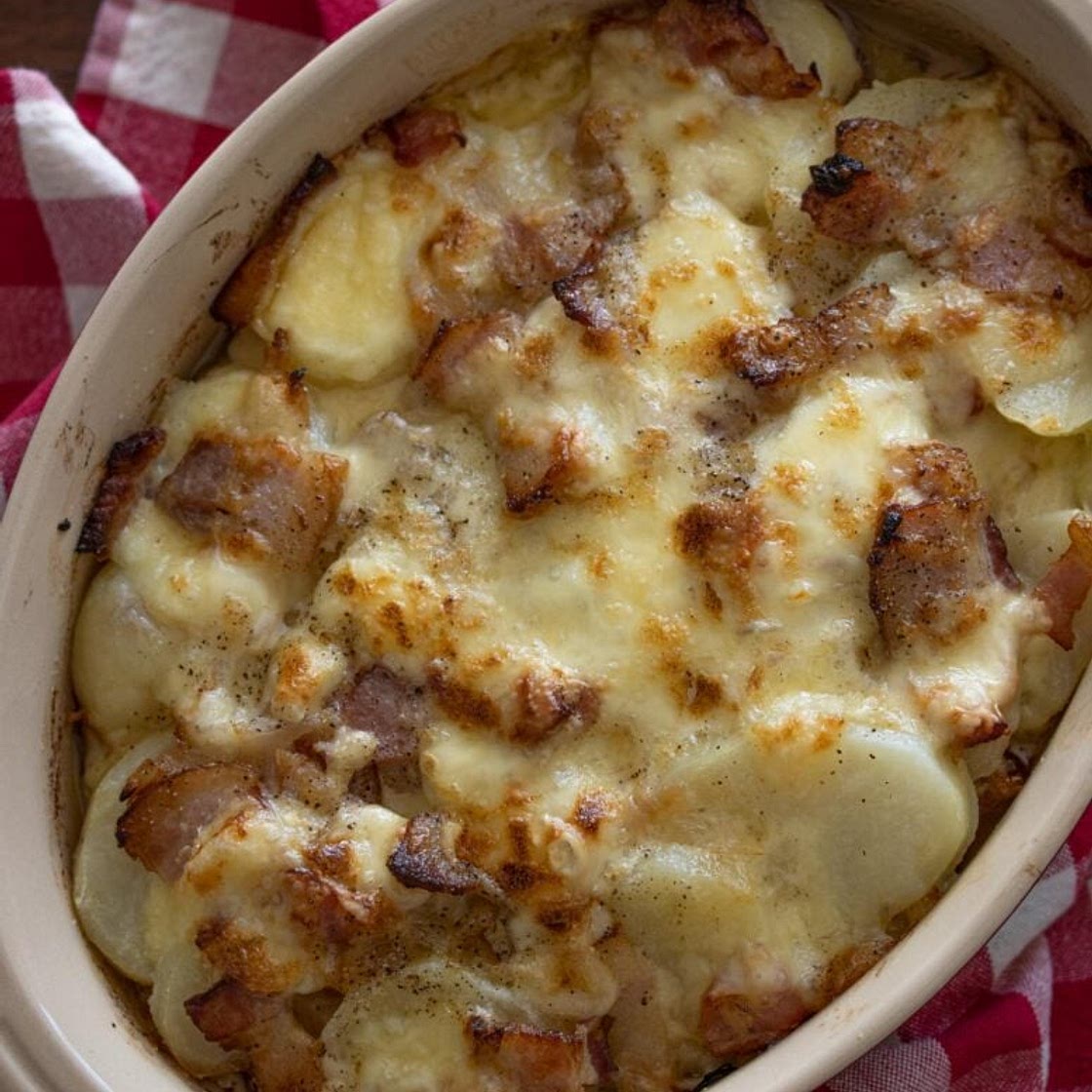 Bacon, Onion, Raclette Potato Gratin