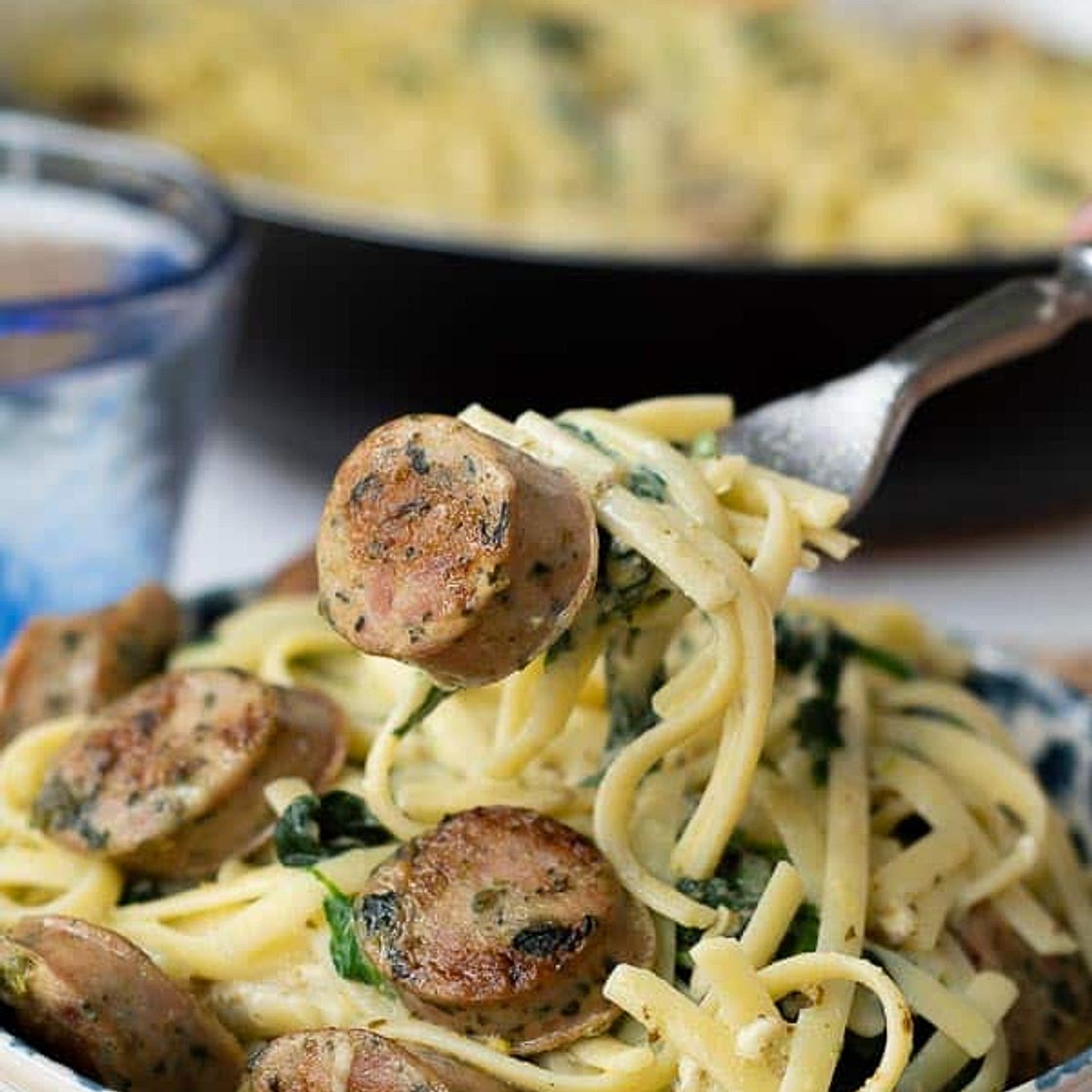 Creamy Chicken Sausage Spinach Pasta with Pesto