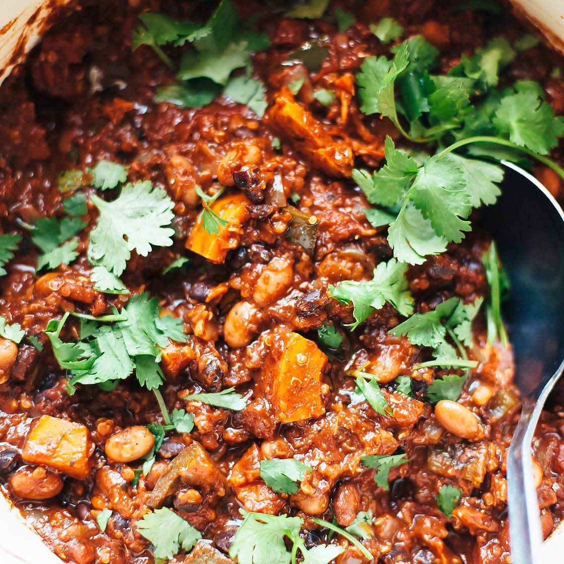 Smoky Squash Chili with Quinoa, Pinto & Black Beans