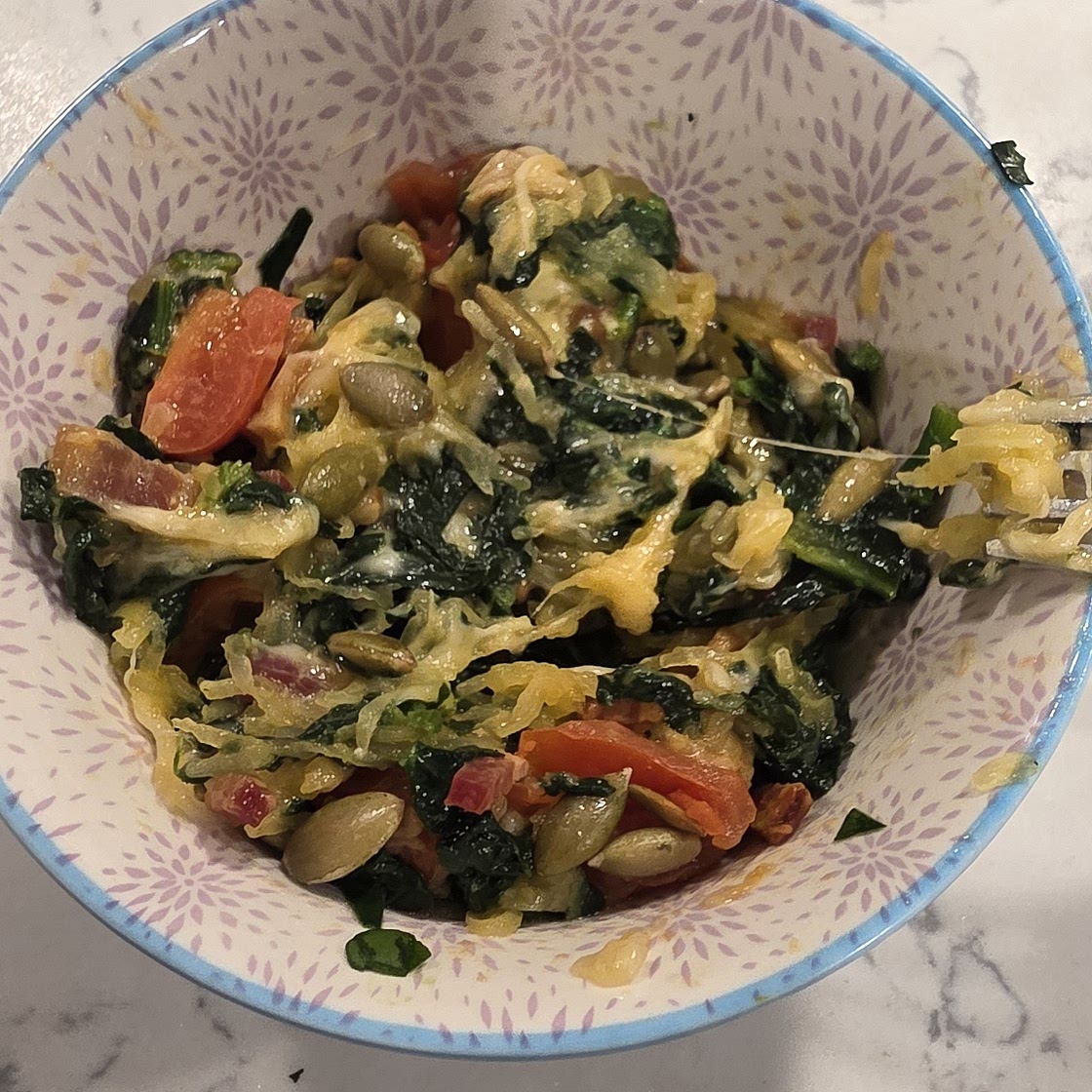 Parmesan Spaghetti Squash, Spinach, and Bacon with Pine Nuts