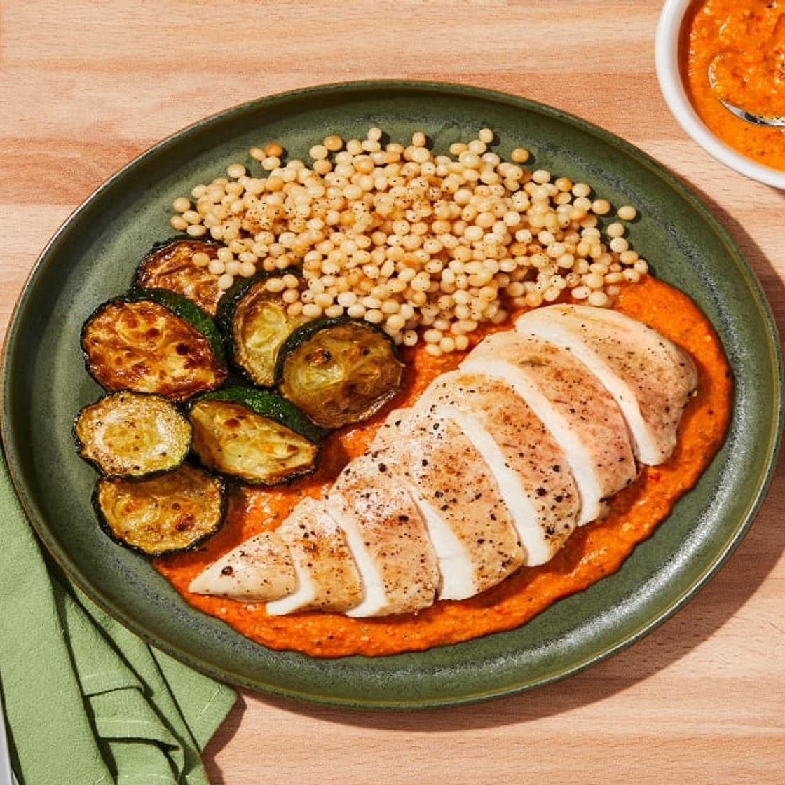 Chicken Cutlets with Smoky Romesco Sauce plus Couscous & Roasted Zucchini