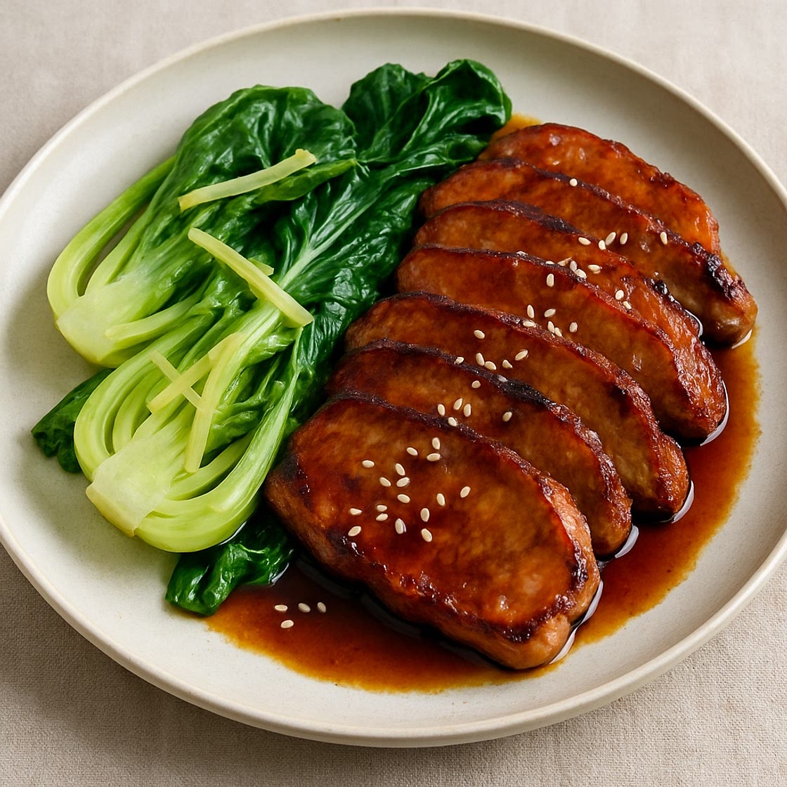 Pan-Fried Teriyaki Pork with Steamed Ginger Bok Choy