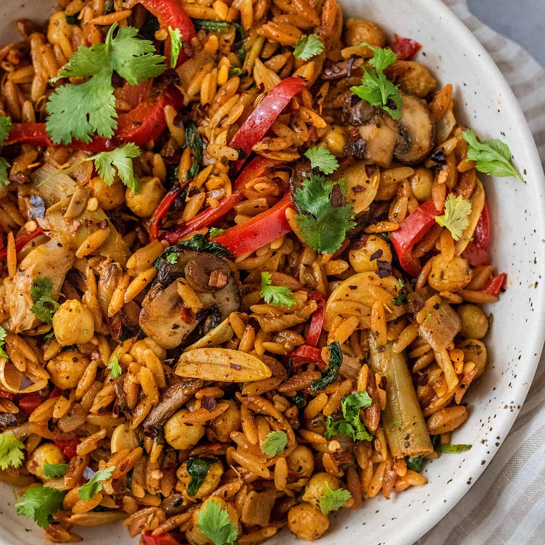 One Skillet Toasted Garlic and Chickpea Orzo