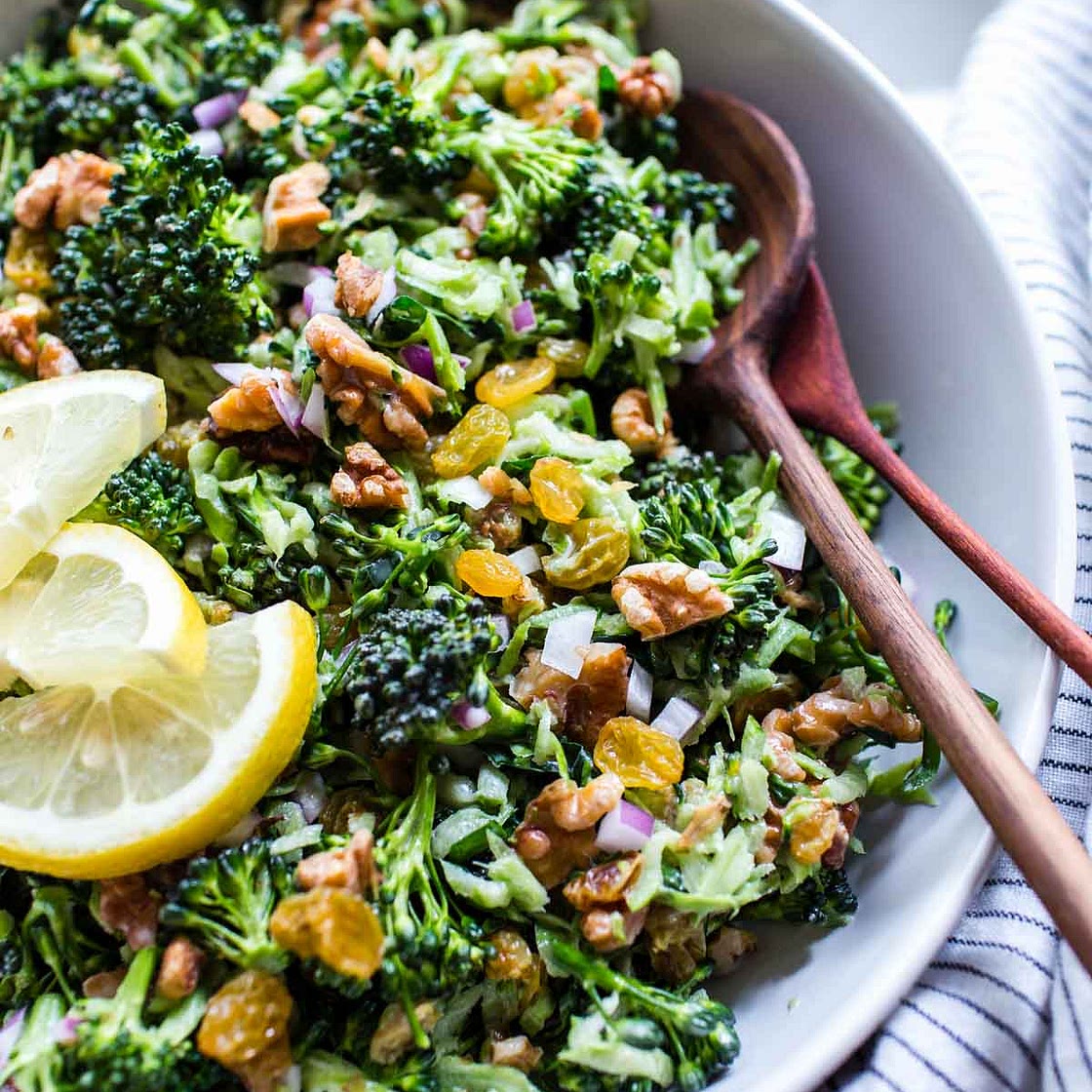 Fresh Broccoli Slaw with Raisins and Walnuts