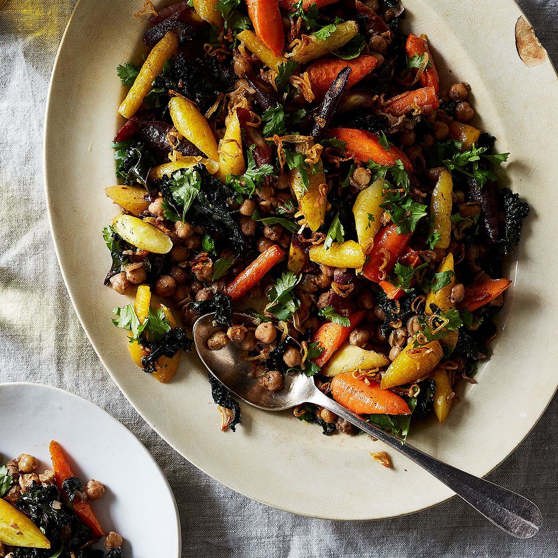 Spiced Chickpeas with Wilted Kale and Roasted Carrots