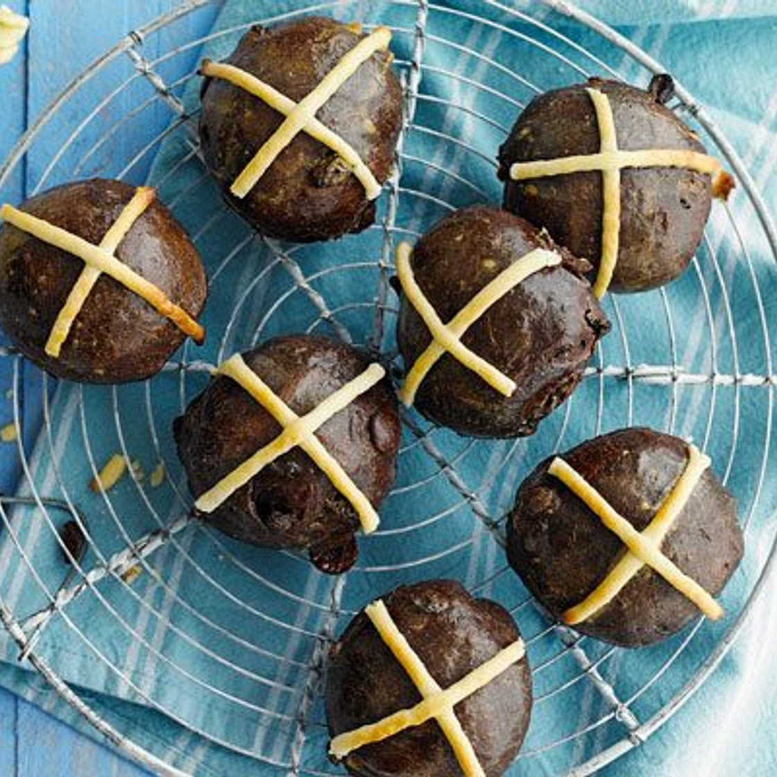 Double choc hot cross buns