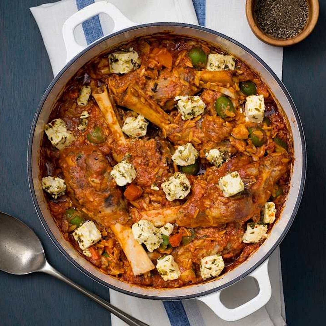 Lamb shanks with risoni and feta