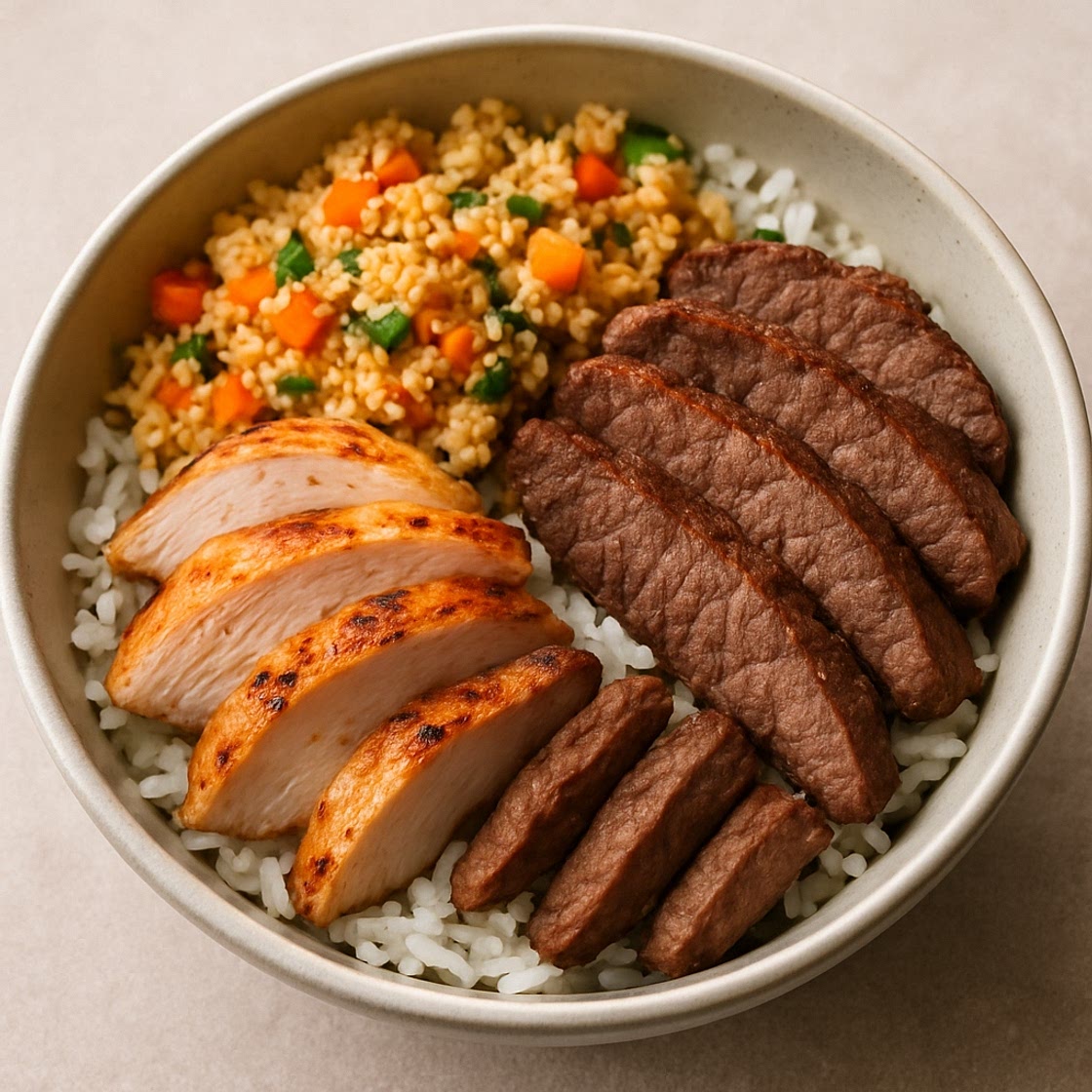 Rice Bowl mit Couscous Gemuse und Zweierlei Fleisch