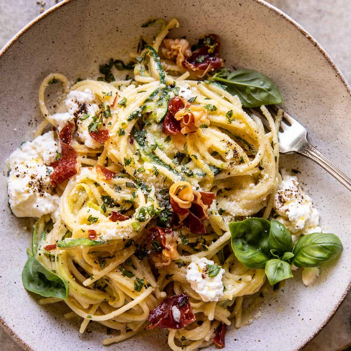 Zucchini Carbonara with Crispy Prosciutto and Burrata