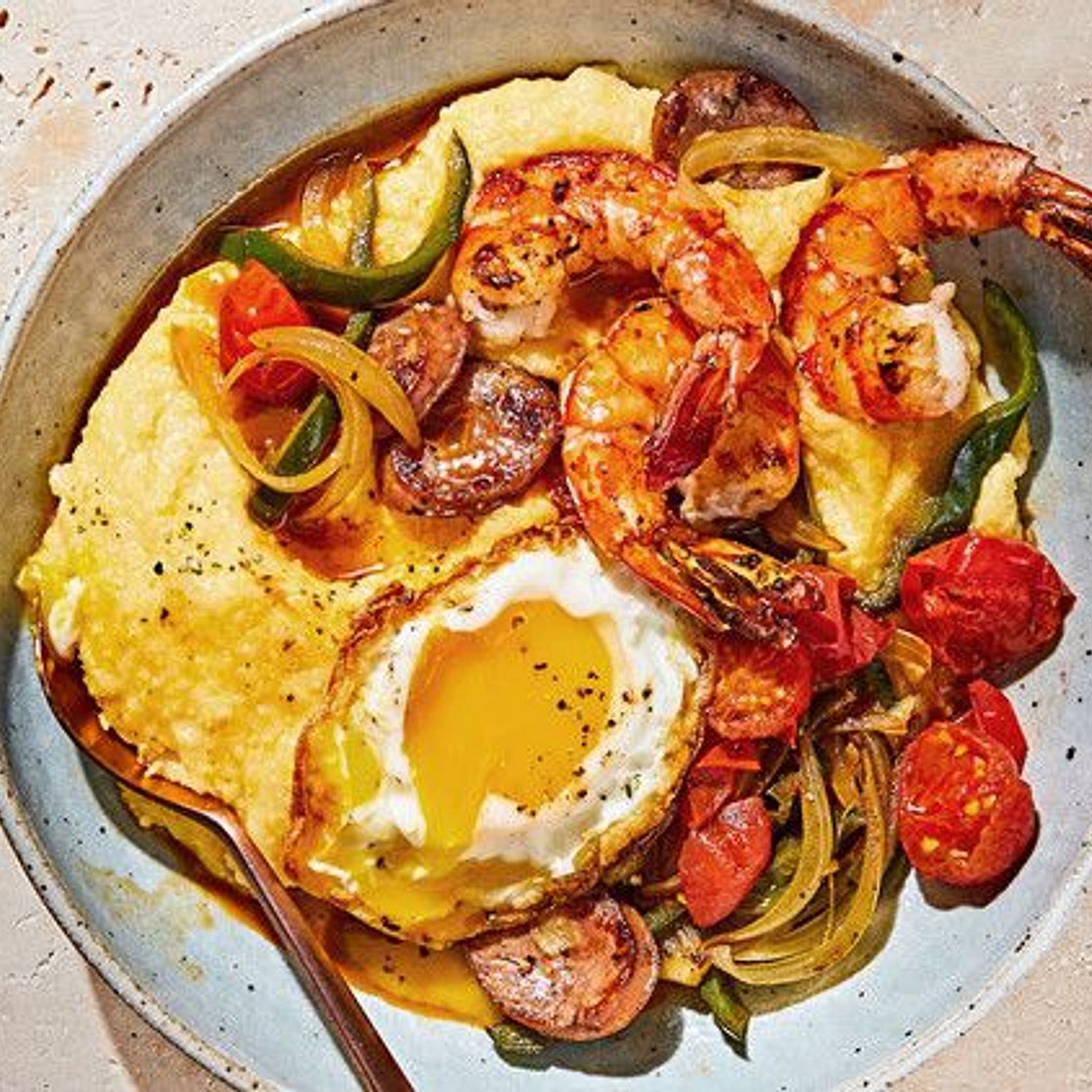 Shrimp and Sausage with Cheesy Grits