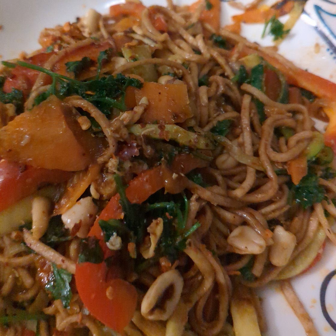 Rainbow Vegetarian Pad Thai with Peanuts and Basil