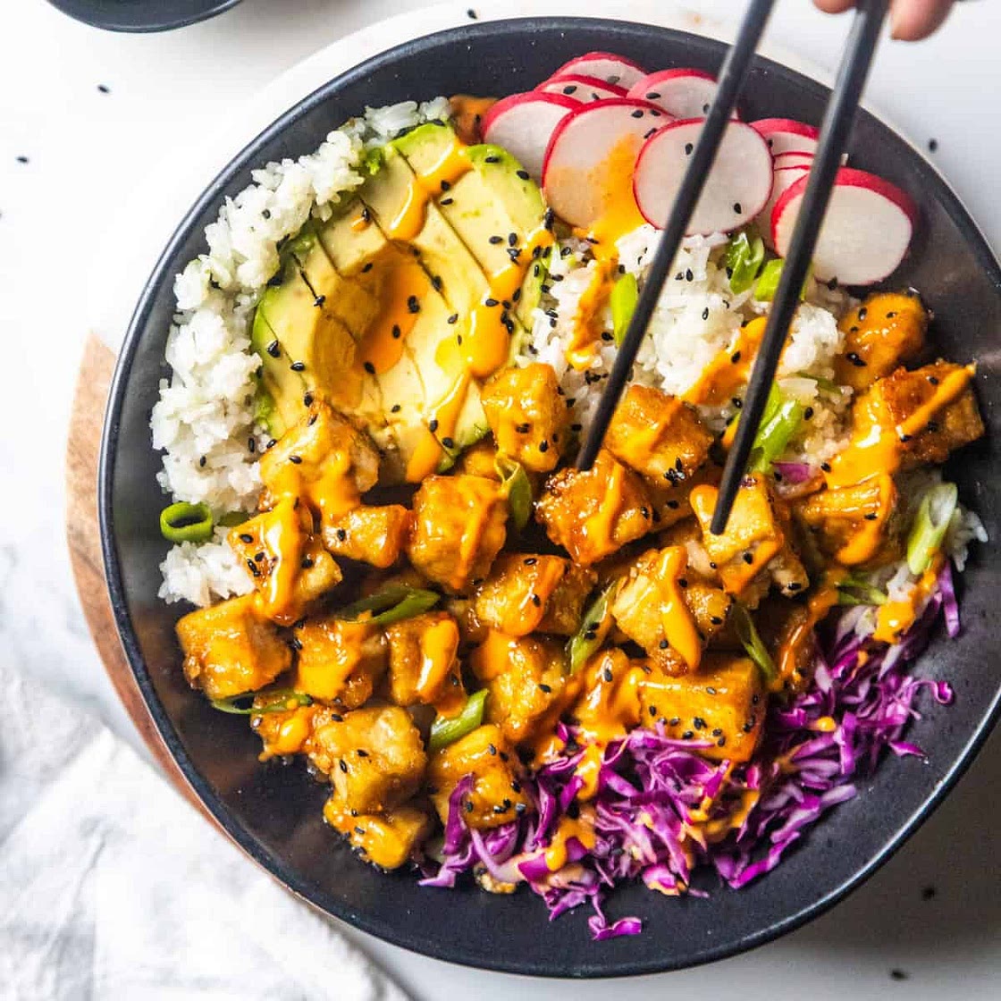 Sticky Maple Glazed Tofu Bowl (with Creamy Chipotle Sauce)