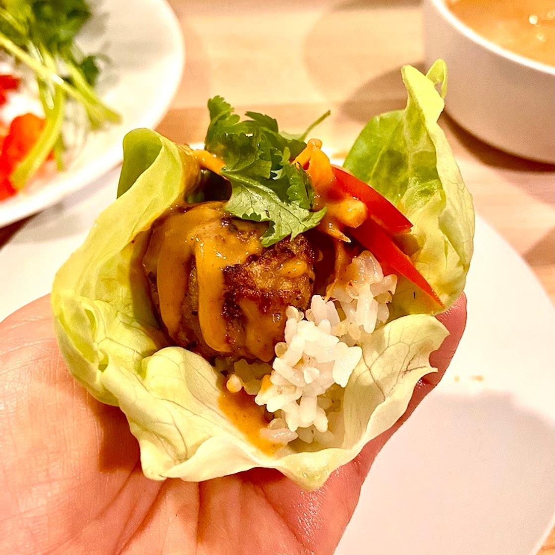Chicken Teriyaki Meatball Lettuce Wraps with Peanut Sauce
