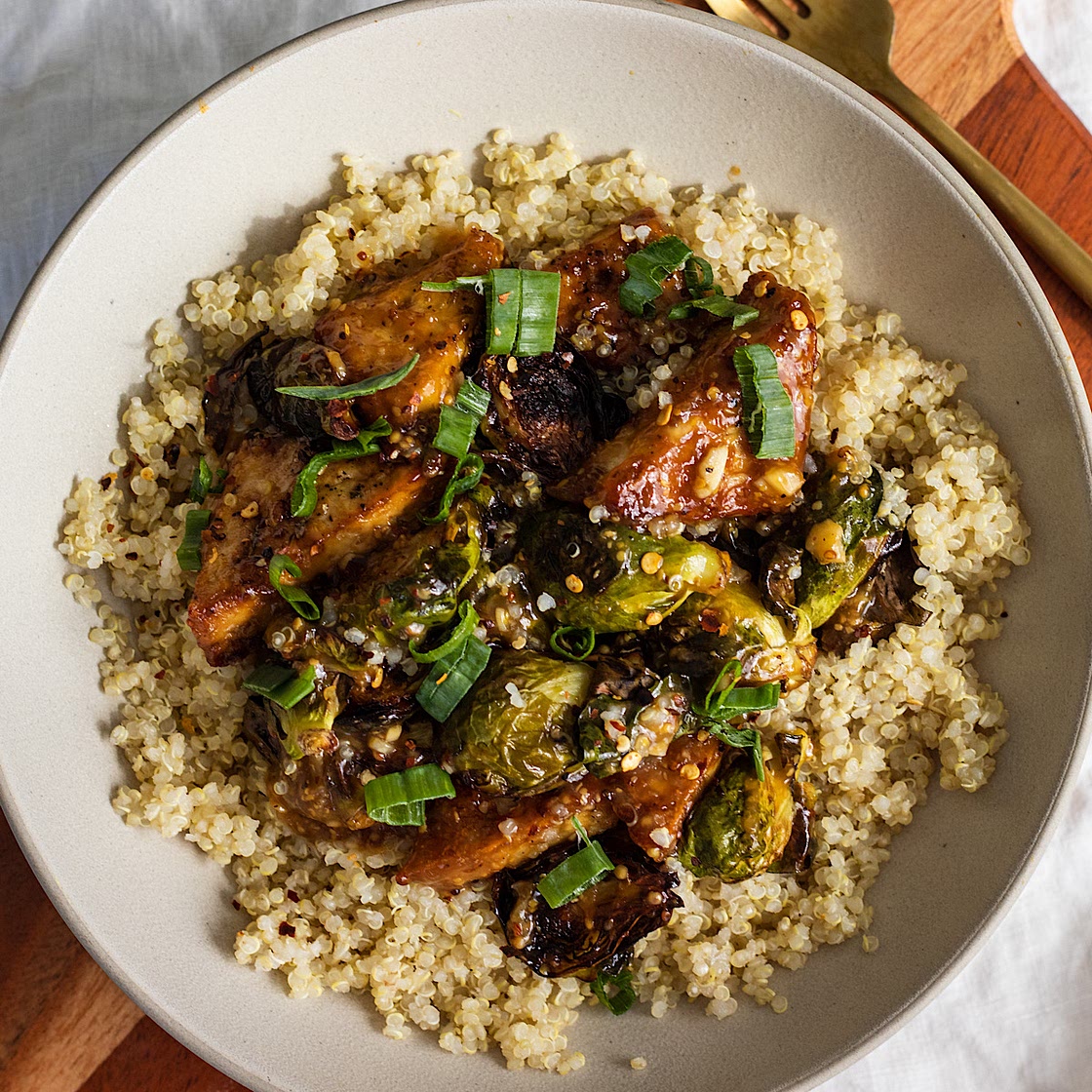 Vegan Honey Mustard Tofu and Brussels Sprouts
