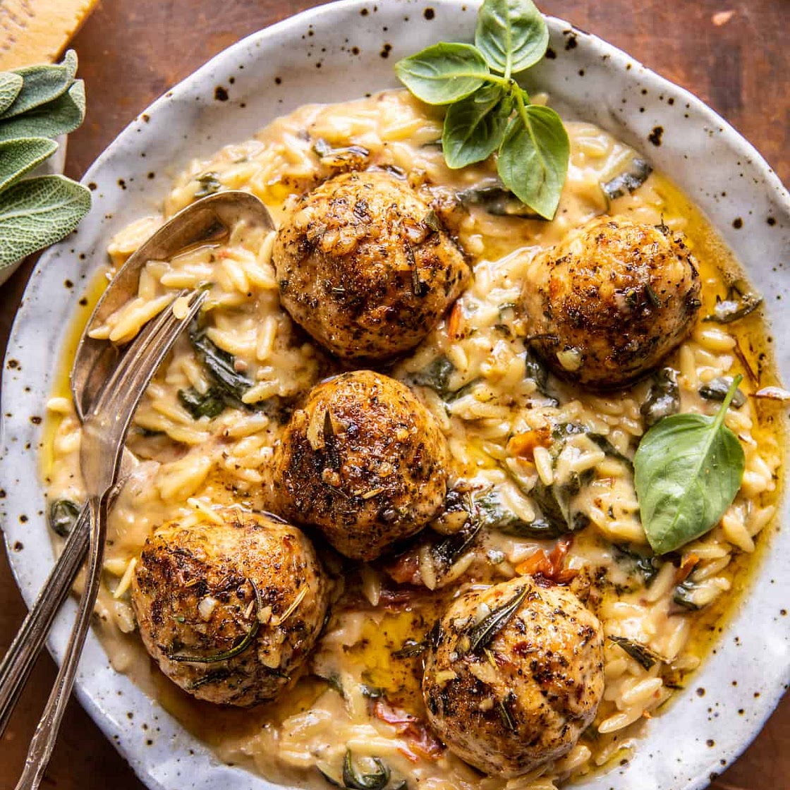 Crockpot Garlic Butter Chicken Meatballs with Creamy Orzo