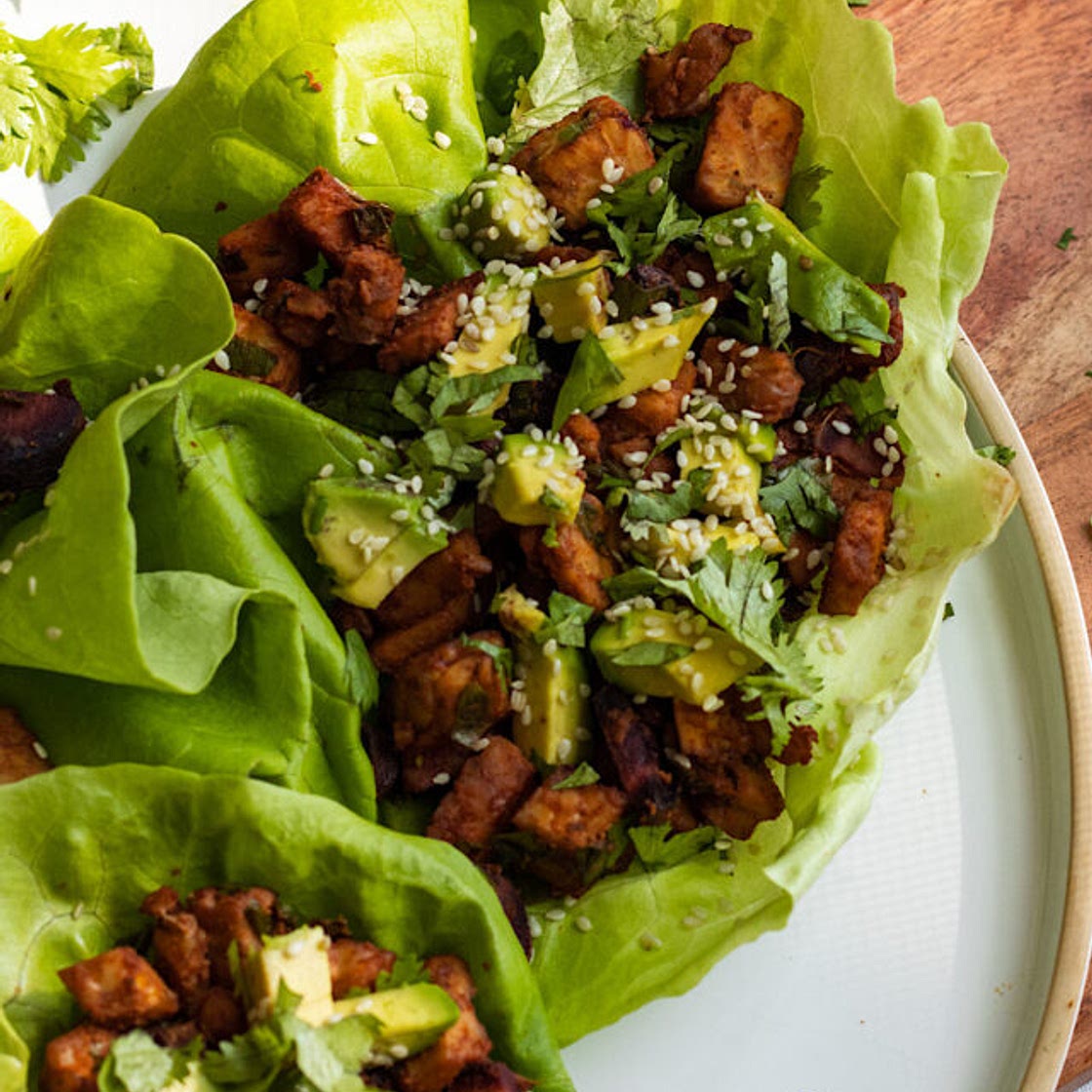 Buffalo Tempeh Carrot Lettuce Wraps