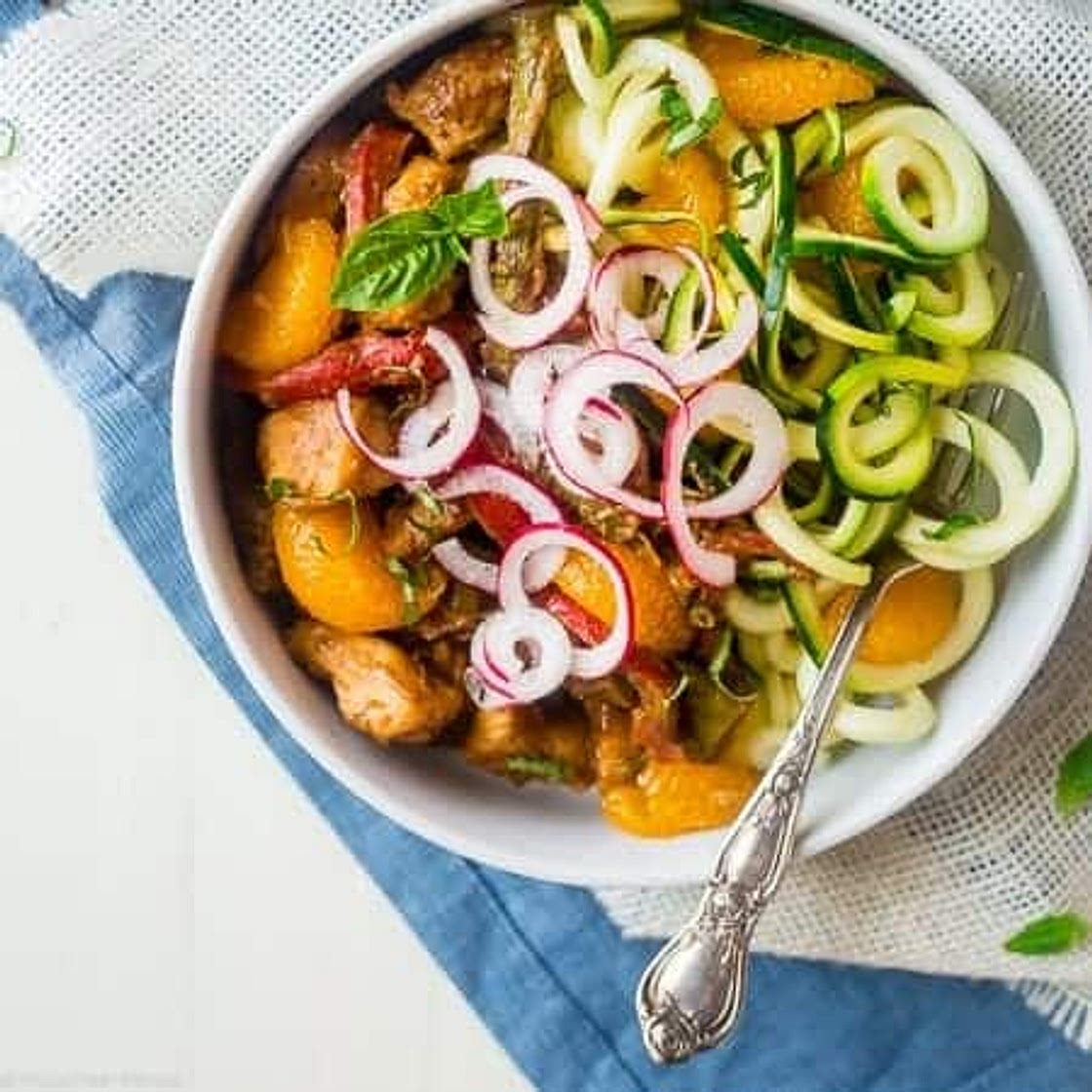 Healthy Chicken Stir Fry with Dijon Orange Almond Sauce and Zucchini Noodles {Whole30 Option + Super Simple}