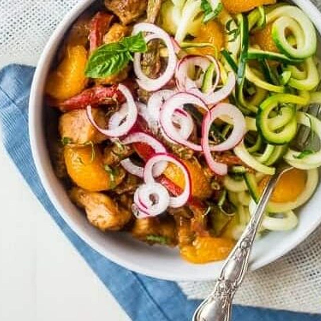 Healthy Chicken Stir Fry with Dijon Orange Almond Sauce and Zucchini Noodles {Whole30 Option + Super Simple}