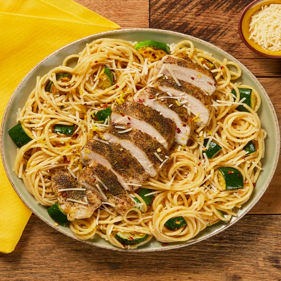 Italian Chicken over Lemony Spaghetti with Zucchini & Chili Flakes