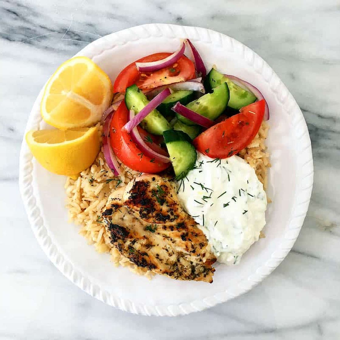 Greek Chicken Rice Bowl with Tzatziki and Salad