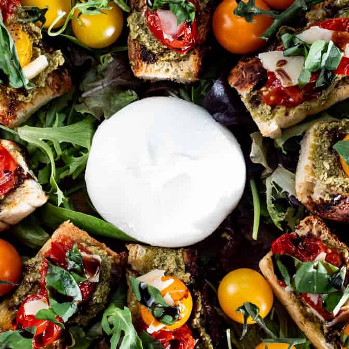 Bruschetta Burrata with Roasted Tomatoes and Pesto