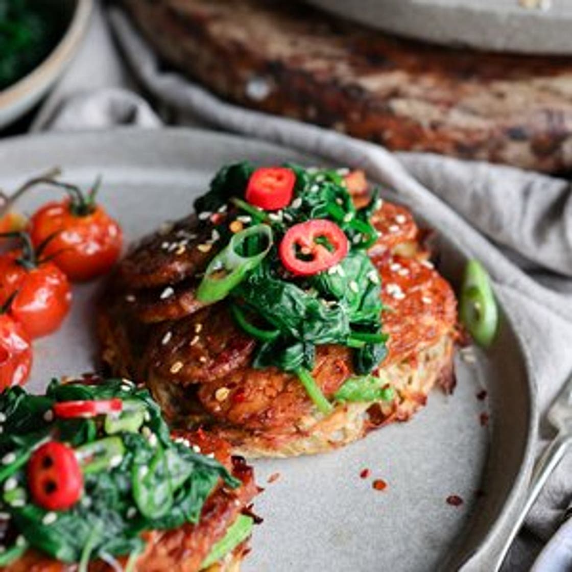 Potato Hash Cakes with Baked Marinated Tempeh
