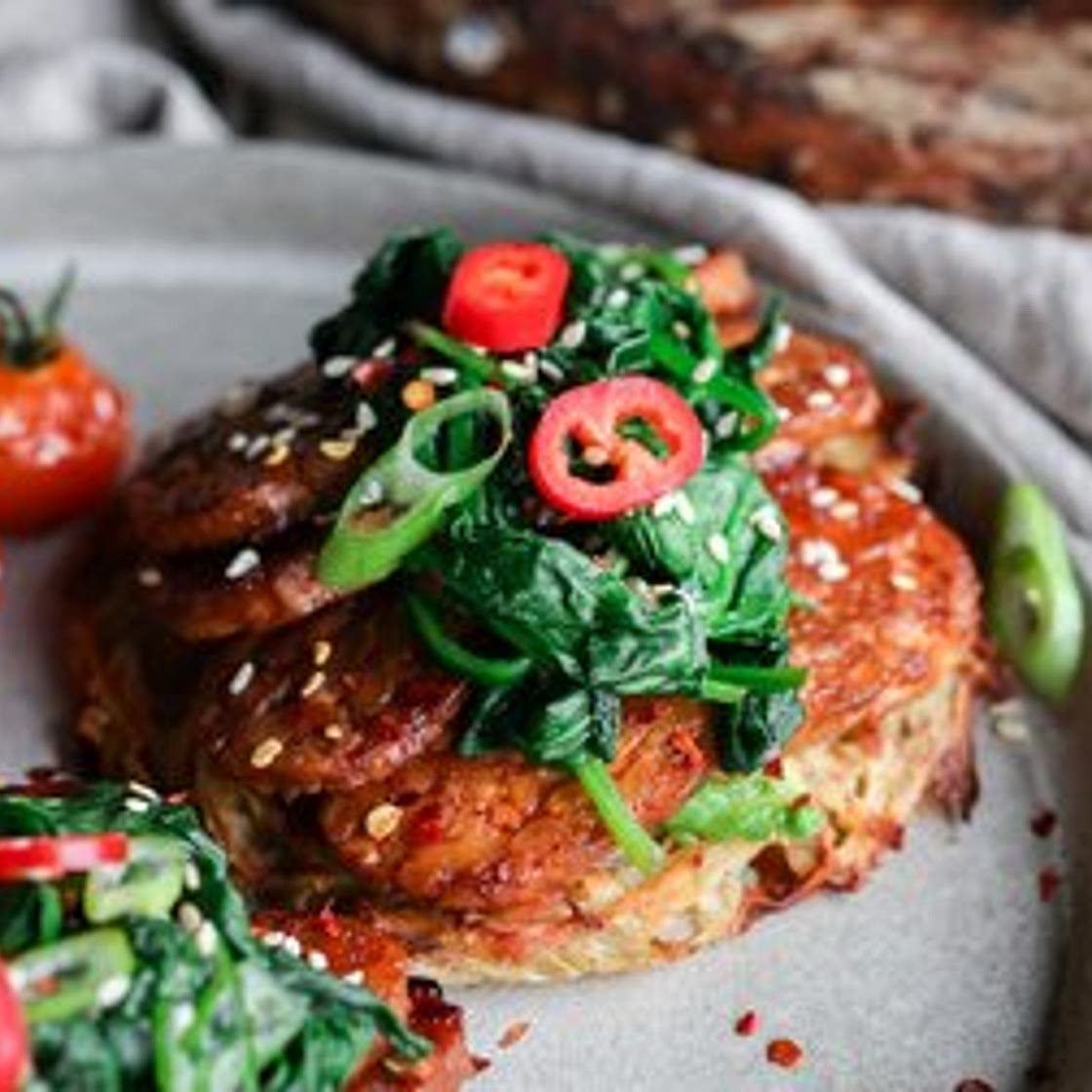 Potato Hash Cakes with Baked Marinated Tempeh