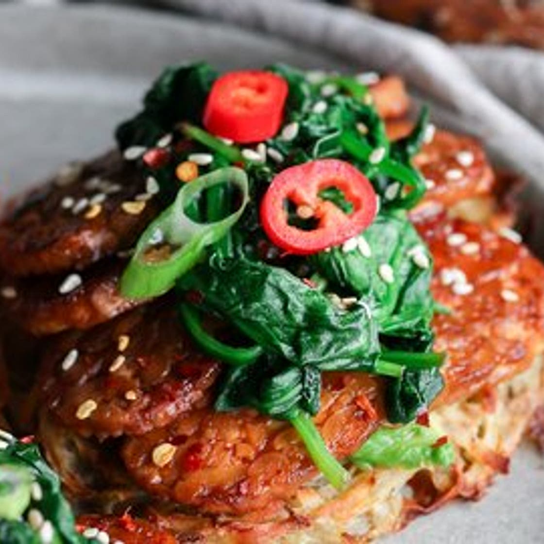 Potato Hash Cakes with Baked Marinated Tempeh