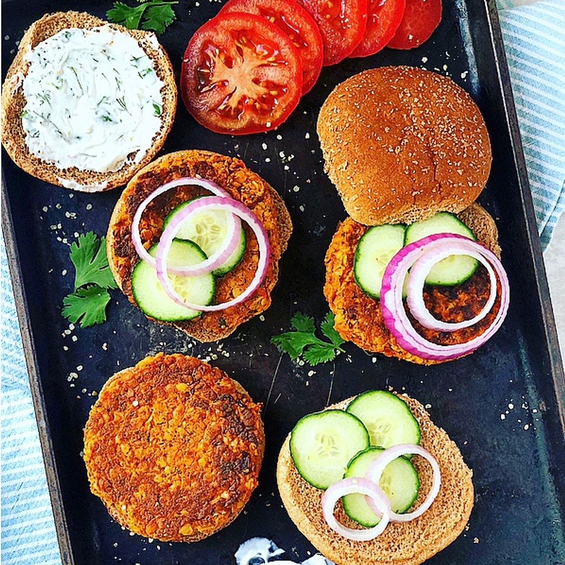 Harissa Red Lentil Patties with Herbed Yogurt Sauce
