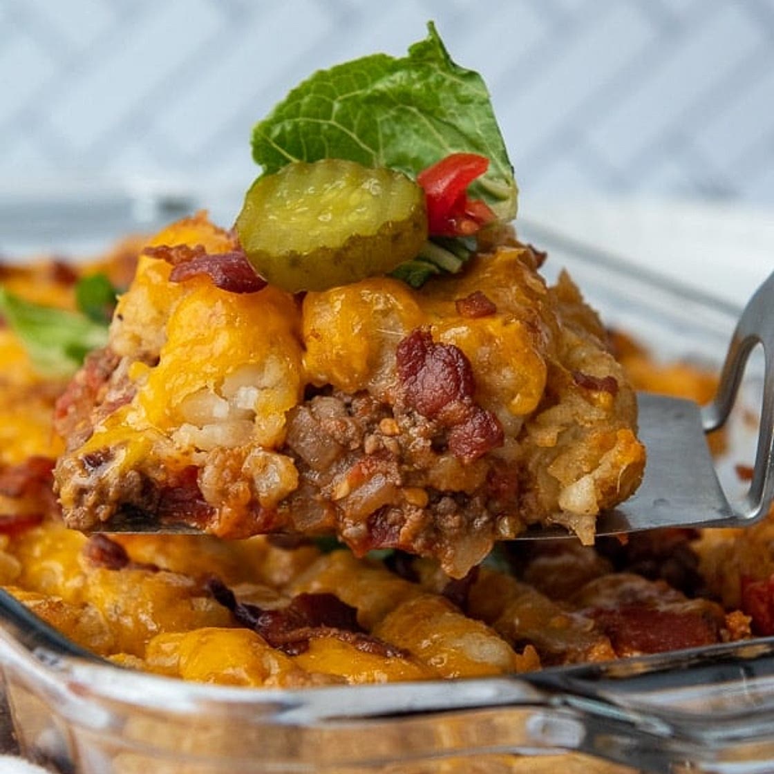 Cheeseburger Casserole with Crispy Bacon & Tater Tots