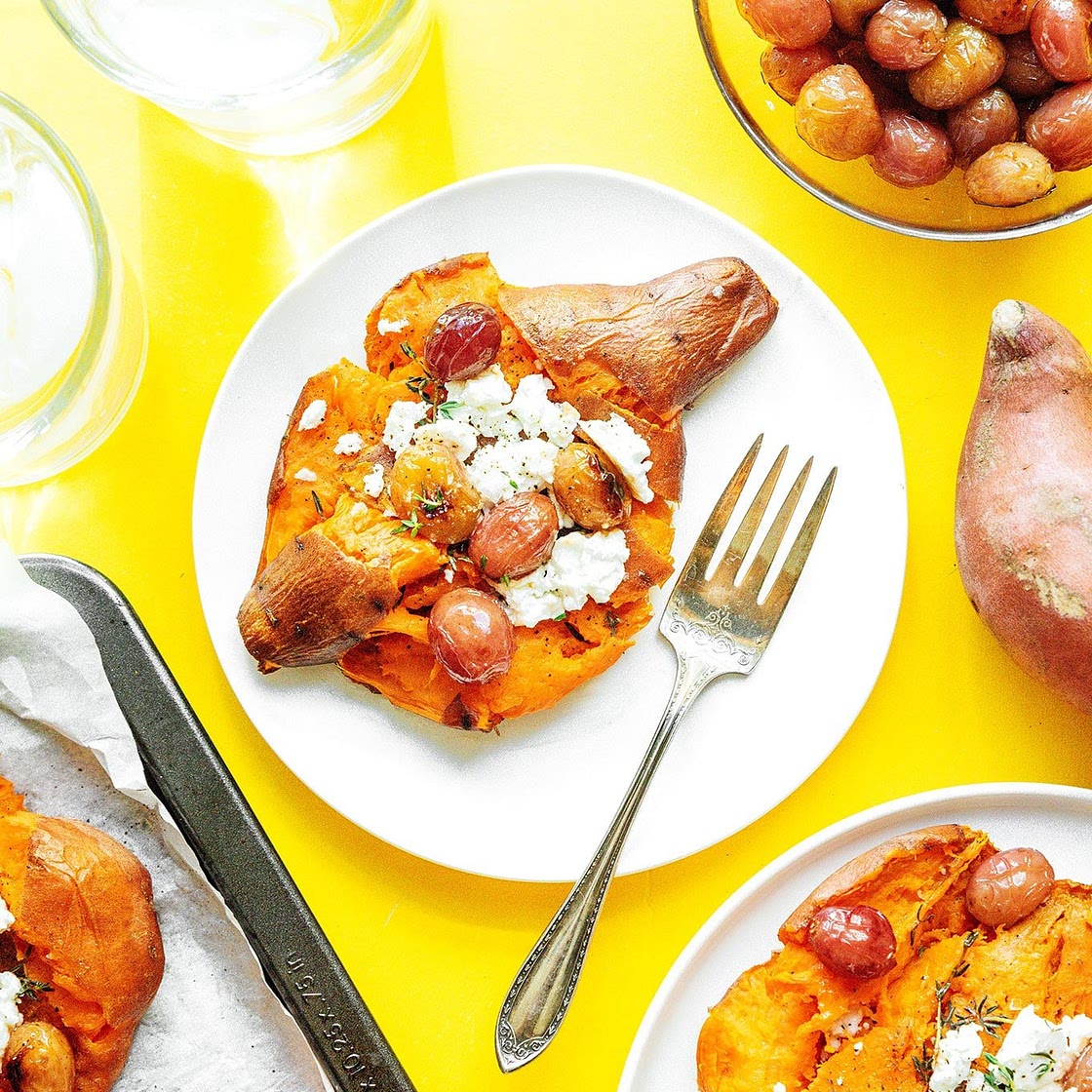 Smashed Sweet Potato with Roasted Grapes