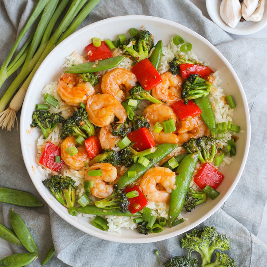Spicy Szechuan Shrimp with Broccoli, Bell Pepper & Snap Peas