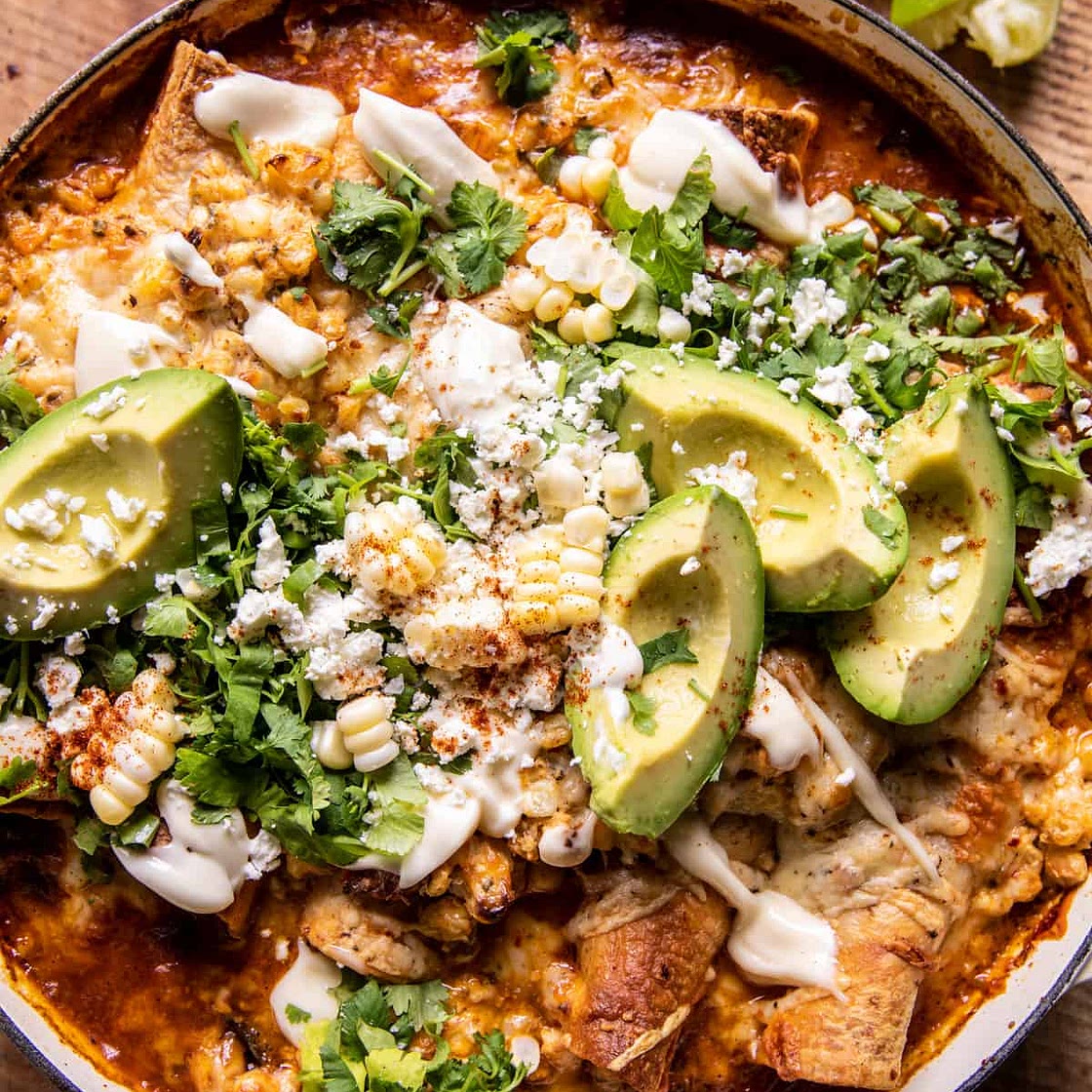 One Skillet Street Corn Chicken Enchilada Bake