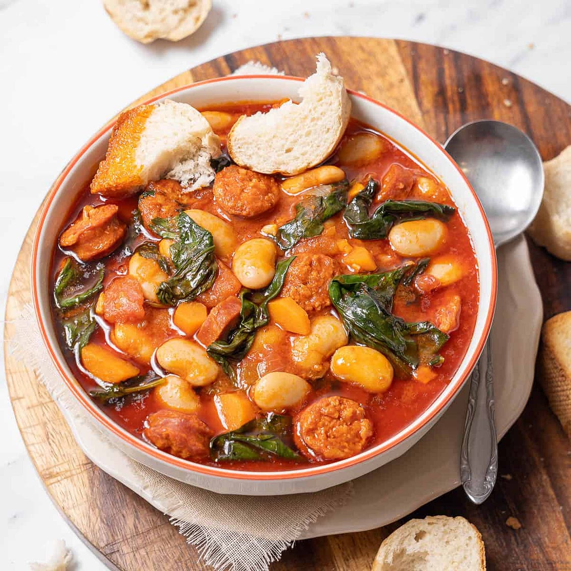 Chorizo and White Bean Stew with Spinach