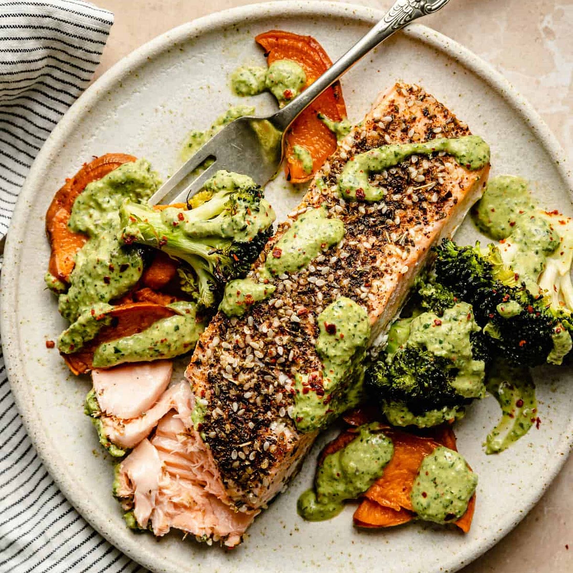 Sheet Pan Salmon and Veggies with Creamy Zhoug