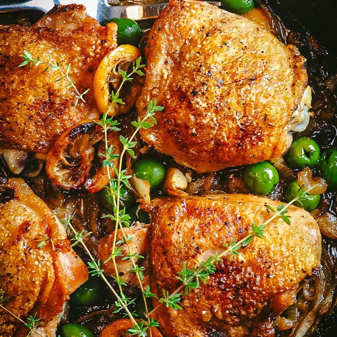 Braised Chicken Thighs with Lemon, Garlic and Olives