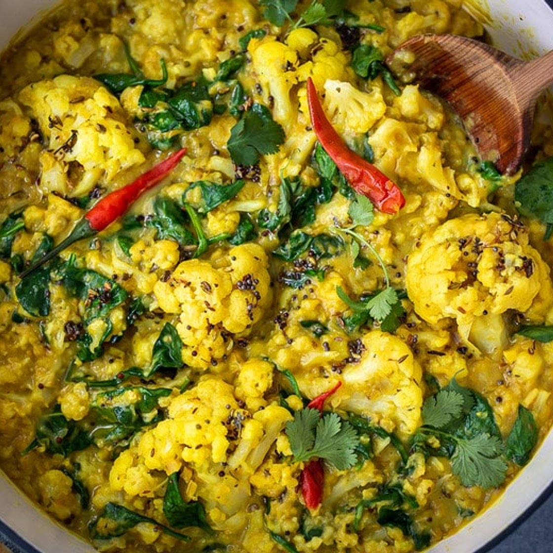 Golden Cauliflower Dal with Spinach and Coconut