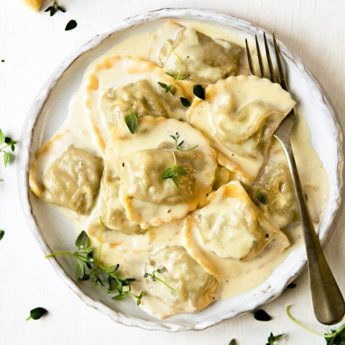 Mushroom Ravioli In A Parmesan Cream Sauce